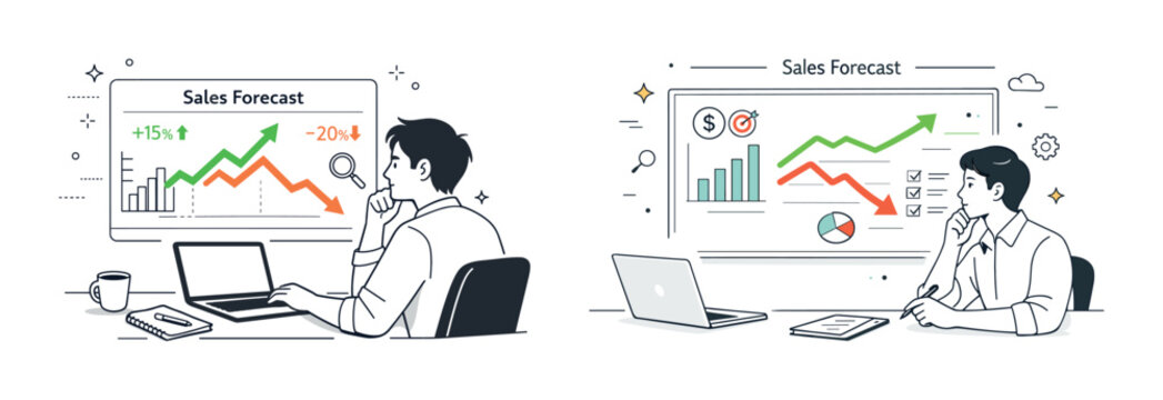 Male analyzing sales forecast data on laptop in office setting