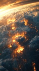 Fiery Earth: Aerial View of Burning Clouds and City Lights