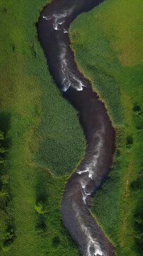 Aerial View of a Winding River Cutting Through Lush Green Landscape.
