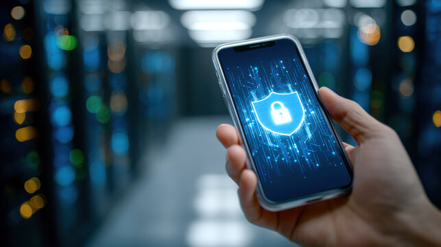 Secure smartphone screen with shield lock icon glowing in data center aisle, conveying digital protection and trust - Powered by Adobe