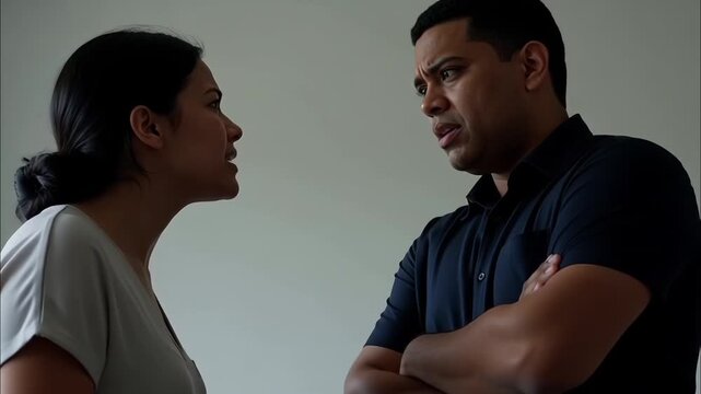 Angry latina woman pointing finger at frustrated afro american man with crossed arms during heated argument on plain gray background. Concept of relationship conflict and emotional tension