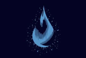 Abstract Illustration of a Shimmering Blue Water Droplet with Radiating Splashes Set Against a Dark Background Conveying Fluidity and Imagination