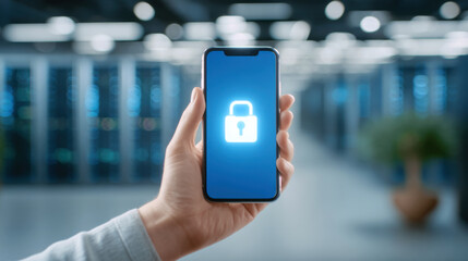 Handheld smartphone padlock security data protection mobile privacy concept person holding phone