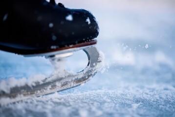 Close-up of ice skate blade gliding on snowy ice surface