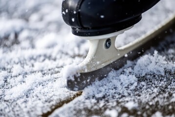 Ice skate blade cutting through snow on frozen surface