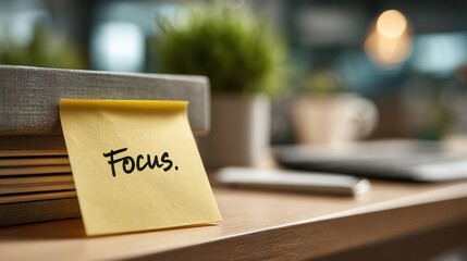 Yellow sticky note with focus message on office desk