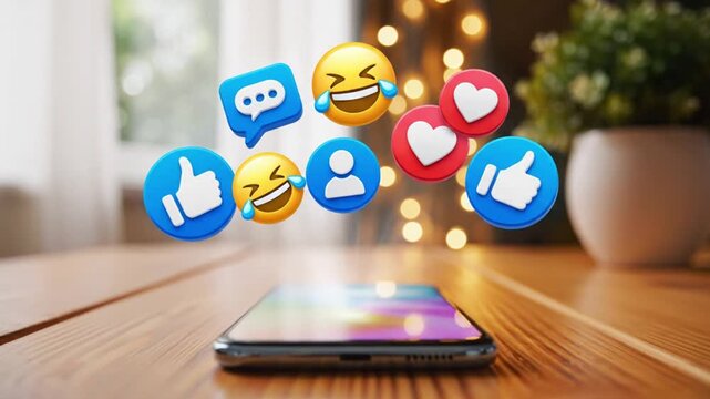 A smartphone on a wooden table with social media icons floating above it in a cozy room with a plant and string lights in the background video Old vs New way change plan Footage