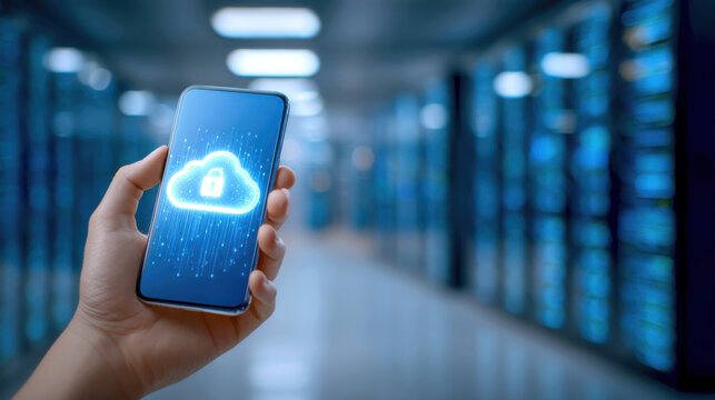 Cloud backup security concept with locked cloud icon on smartphone held in hand in server room - Powered by Adobe