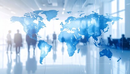 Blurred figures in an office beneath a glowing blue world map, representing global business