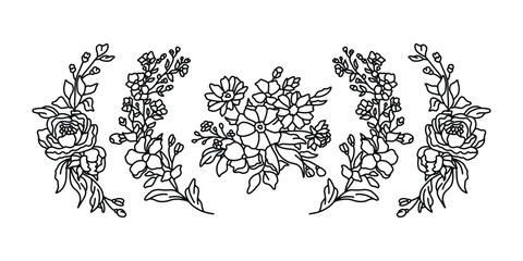 Hand Drawn Floral Line Art Collection. Elegant Floral Line Art Frame Set