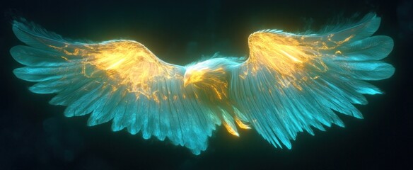 Majestic Eagle with Glowing Teal and Gold Feathers, Wings Spread Wide in Dark Mystical Atmosphere
