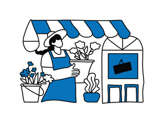 Flower Shop Small Business Illustration. Florist Woman Selling Flowers Illustration