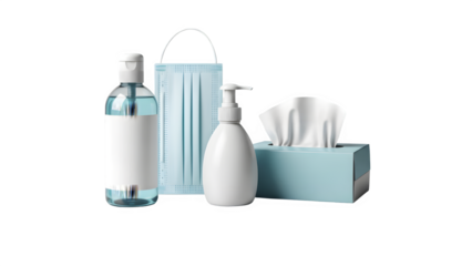 Hygiene Set Sanitizer Blank Label Mask Soap Pump Tissues Isolated on Transparent Background PNG

