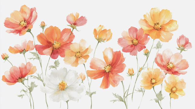 watercolor botanical cosmos flowers texture template background.Elegant wedding invitation card background . Minimal hand painted Design for wedding or Valentine's Day