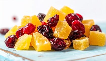 Close-up shot of a pile of colorful dried fruit, cubes and whole pieces, on a blue board