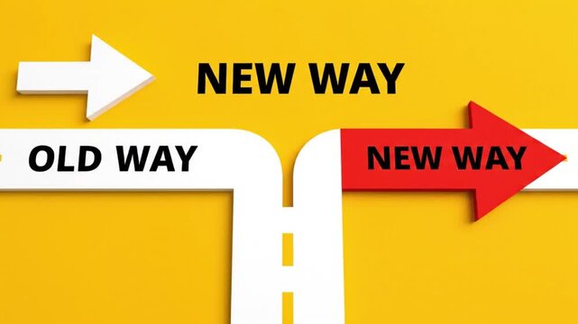 A video showcasing a new direction with arrows pointing to different paths in a video. Old vs New way change plan Footage