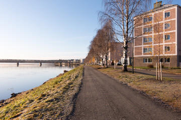 Bank of Kemijoki River in the city of Rovaniemi. Lapland, Finland.