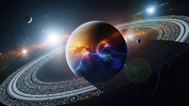Ringed planet dominates a dark cosmos displaying vibrant electrical storms and distant stars.