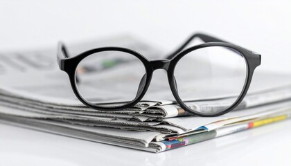 Eyeglasses atop a stack of newspapers on a white background, reading concept