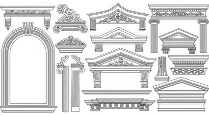 Naklejka premium Architectural elements set classical columns arches facades ornate decorative patterns detailed line art