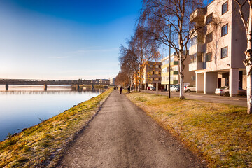 Bank of Kemijoki River in the city of Rovaniemi. Lapland, Finland. HDR.