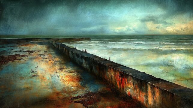 A long concrete wall weathered and stained on a stormy coast with the ocean waves crashing - Powered by Adobe