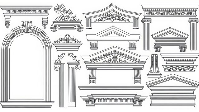 Architectural elements set classical columns arches facades ornate decorative patterns detailed line art