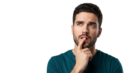 Pensive young man with finger on chin looking up, curious and analytical expression on white background (जिज्ञासु युवा)