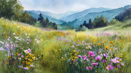 Fototapeta premium Bright and Joyful Watercolour Scene of a Blooming Meadow in
