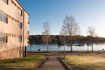 Bank of Kemijoki River in the city of Rovaniemi. Lapland, Finland.