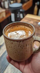 Rich Espresso in Speckled Mug Held in Hand, Warm Lighting