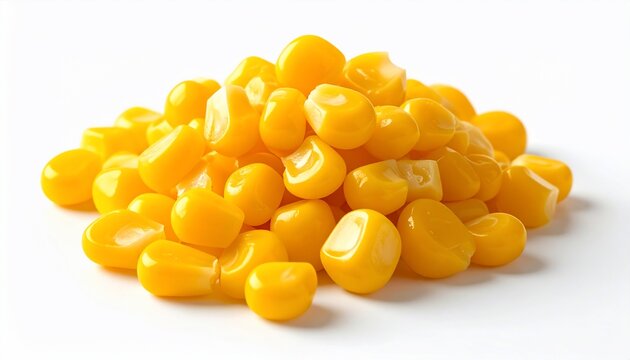 Close-up of a vibrant pile of cooked corn kernels against a clean white backdrop