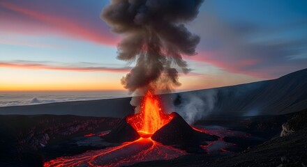 Majestic volcanic eruption at sunset paints the sky with dramatic colors and a flowing river of lava