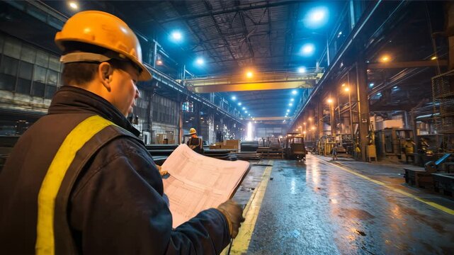 夜間の鋼構造工場、検査報告書を手に現場を見渡す男性