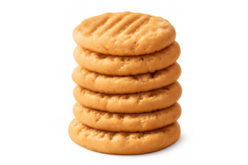Stack of golden cookies with fork marks, a tasty baked sweet treat. Transparent background for easy use