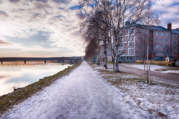Bank of Kemijoki River in the city of Rovaniemi. Lapland, Finland.
