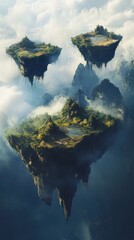 Verdant Floating Islands with Ponds Hovering Above Misty Mountain Peaks