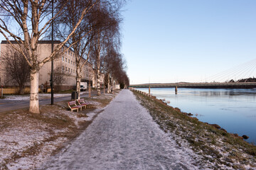 Bank of Kemijoki River in the city of Rovaniemi. Lapland, Finland.