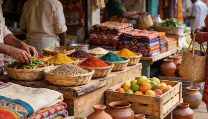 Local Market Atmosphere in India, Colors and Culture Without Faces
