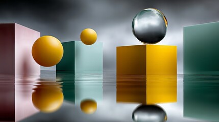 Geometric shapes floating on rippling water, creating abstract reflections and surreal minimalist compositions against a gradient background