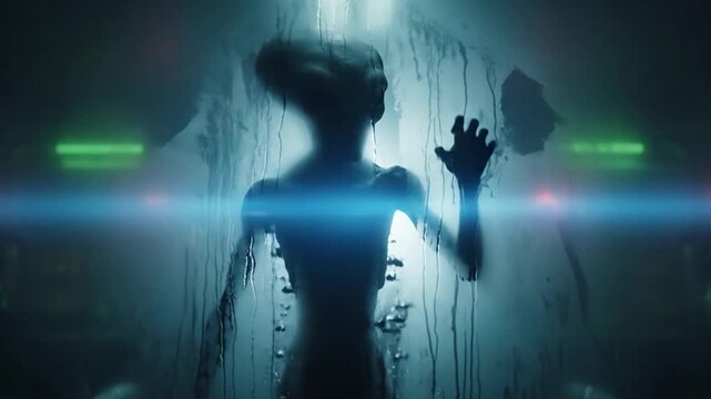 A silhouette figure presses against a door with a glowing blue light emanating from the other side