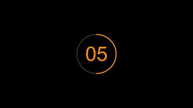 Minimalist circular countdown timer counting down from ten to one with changing colors from white to orange and red on isolated black background for video overlay use