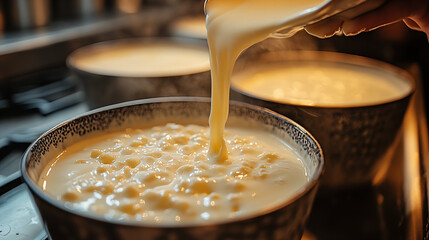 Pouring batter into bowl for pancake or crepe preparation in kitchen, cooking breakfast concept for homemade food and baking