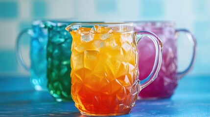 Vibrant Orange Gradient Iced Drink in Faceted Glass Pitcher, Colorful Blurred Background