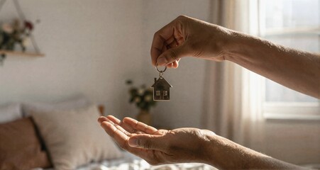 Hands exchanging house key symbolizing new home purchase