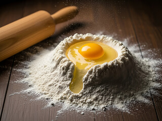 Fresh raw flour and eggs on a kitchen table serve as essential ingredients for baking homemade bread or preparing pasta dough