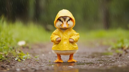 Adorable Duckling in Yellow Raincoat Standing Tall in Gentle Rain, Whimsical Outdoor Portrait