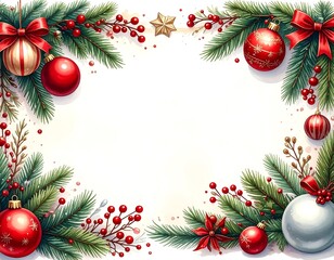 Festive holiday frame with ornaments, berries, bows, and pine boughs surrounding blank space
