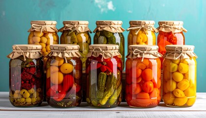 Group of jars filled with pickled vegetables and fruit, sealed with paper covers