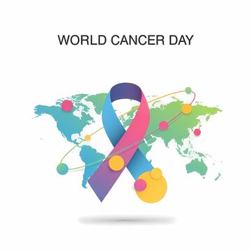 World Cancer Day concept illustration featuring a colorful awareness ribbon over a gradient world map, symbolizing global support, connectivity, and disease prevention.
